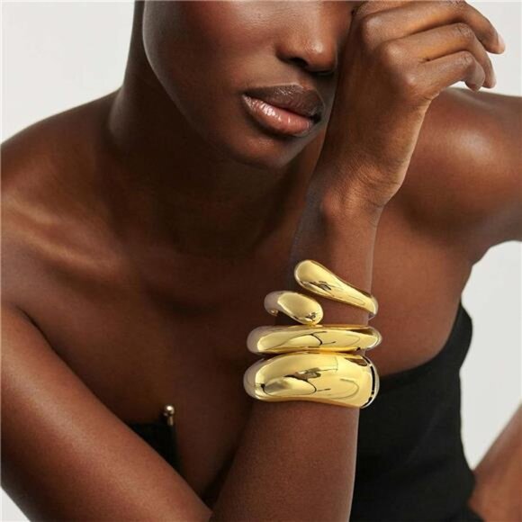 Chunky Bangle Bracelet Set (3pcs) | Twisted, Hinged & Waterdrop Designs - Picture 3 of 5